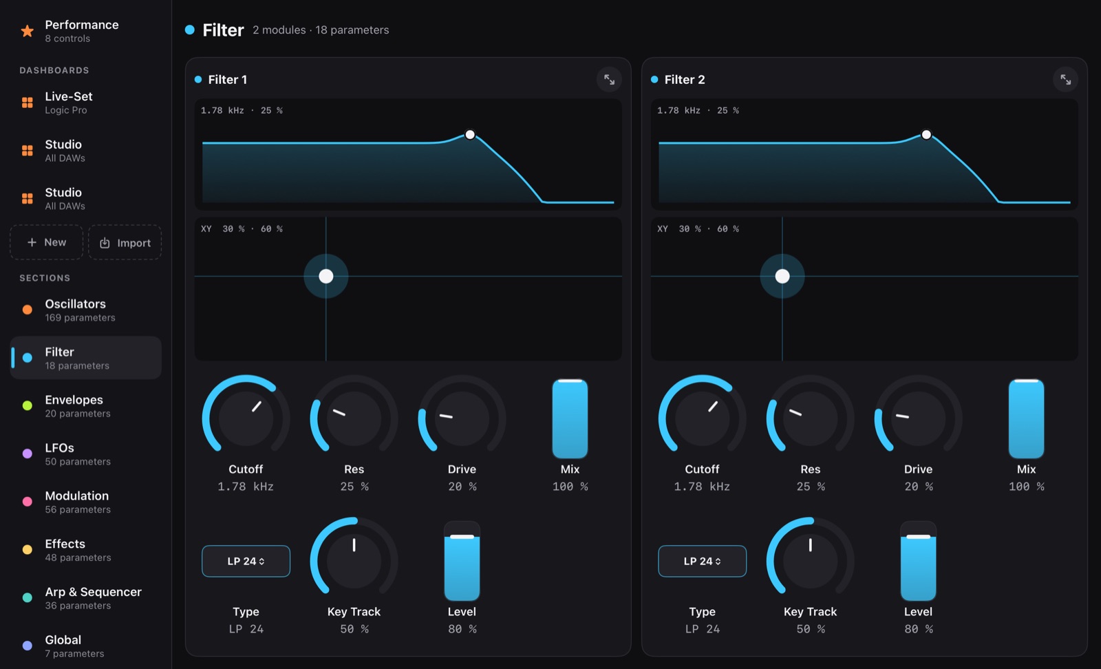 Filter section: two filters with response curve, XY pad, knobs and filter type.