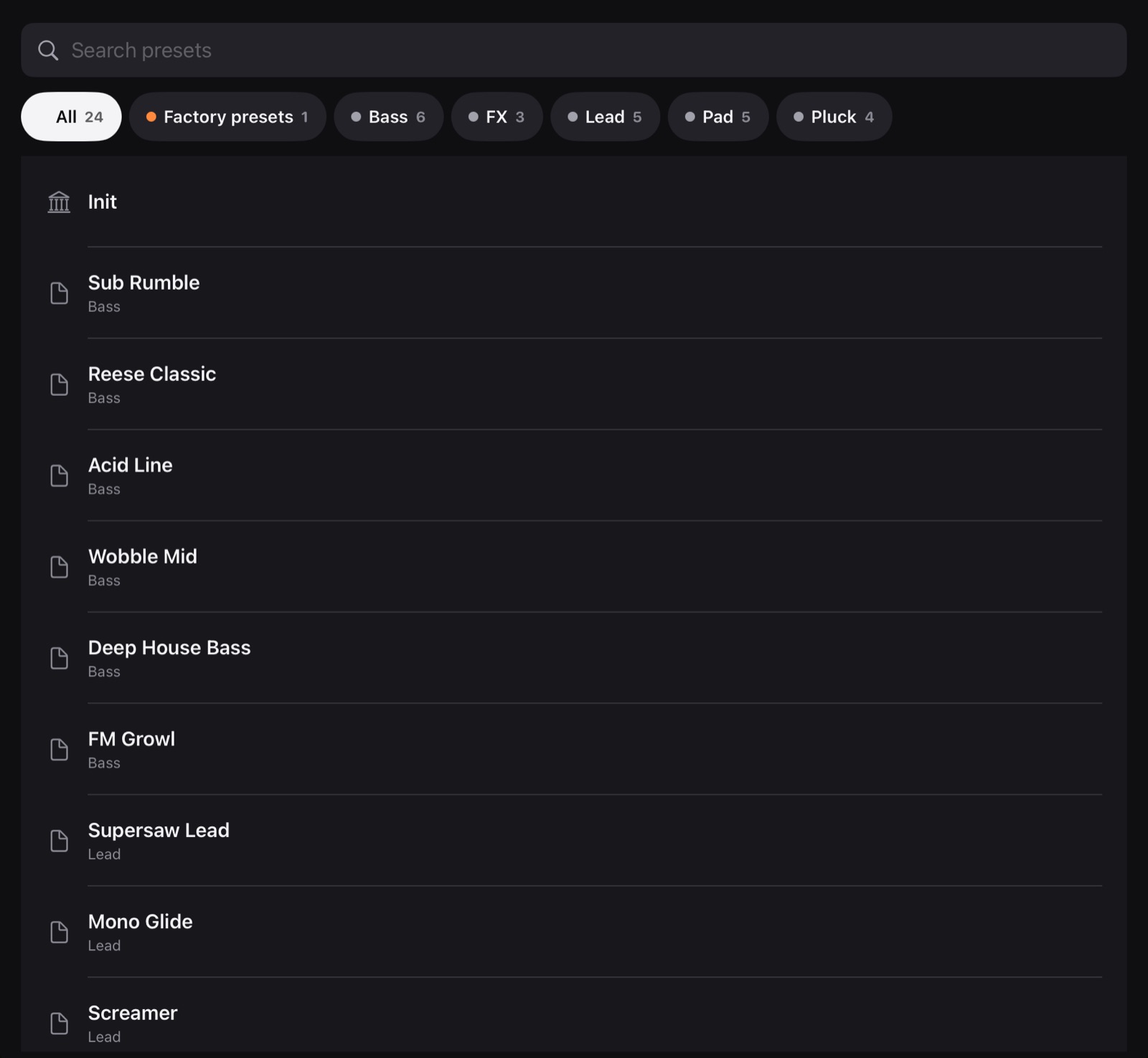 Preset browser with search and categories.