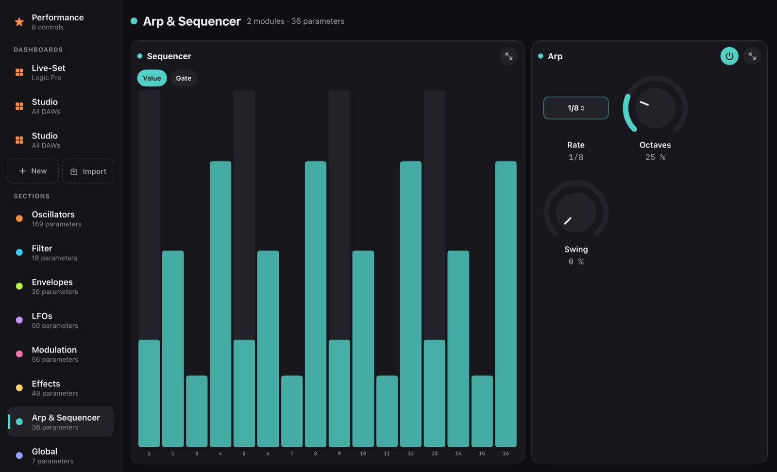 Arp & sequencer: a 16-step sequencer you can paint, next to the arpeggiator.
